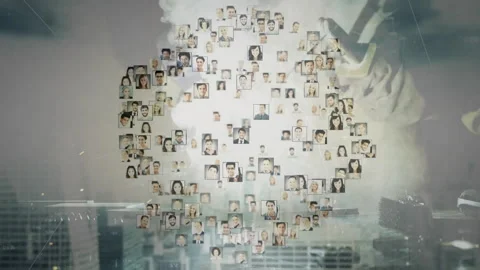 White-gloved hand reaching toward floating headshots with technology UI elements Stock Footage 308100307