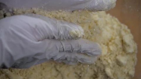 White gloves work flour and butter for sweet pie Stock Footage 345605044