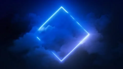 White glowing frame square, neon rhombus on blue, dark smoke wall background. Stock Footage 273953120