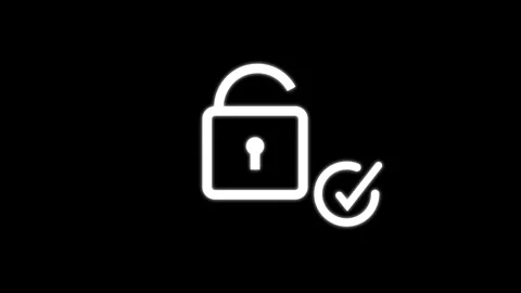 White glowing icon of an open padlock with a check mark on a black backgrou.. Stock Footage 340999509