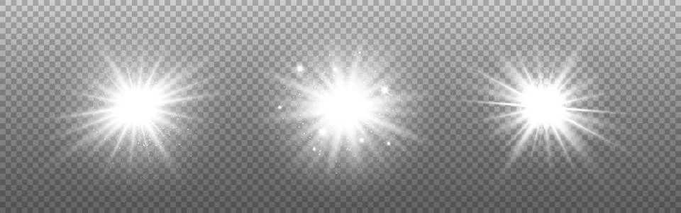 White glowing light set. Silver flash effect on transparent backdrop. Bright Stock Illustration