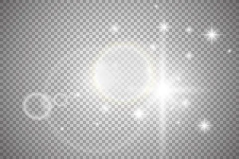 White glowing lights effects isolated on transparent background. Sun flash wi Ilustração Stock