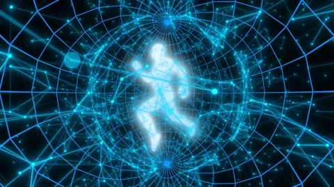 White glowing man rotating in a blue geometric sphere. Seamless loop. Stock Footage 247824082