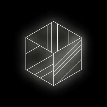 White glowing striped hexagon on black background Illustrazione stock