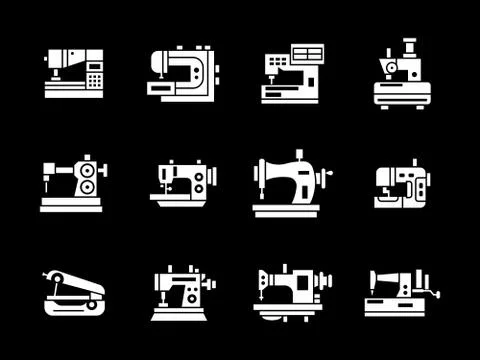 White glyph style sewing machine vector icons set Illustrazione stock