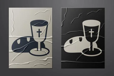 White Goblet and bread icon isolated on crumpled paper background. Bread and Stock Illustration