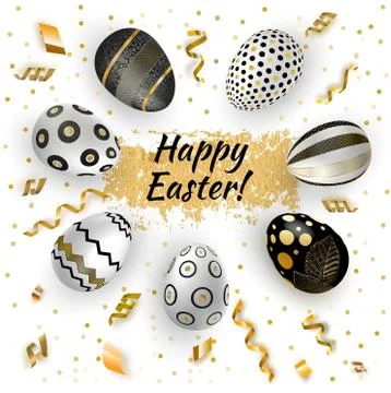White Gold Black Easter eggs and gold serpentine on white background. Vector Stock Illustration