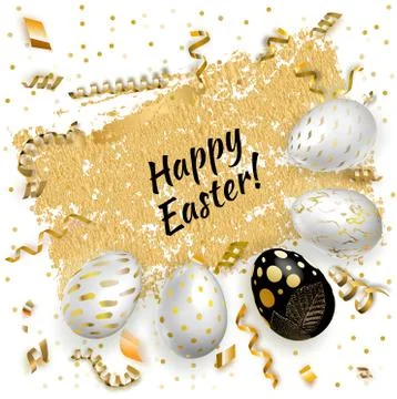 White Gold Black Easter eggs and gold serpentine on white background. Vector Stock Illustration