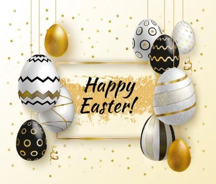 White Gold Easter Eggs on Gold Square. Gold Easter banner. Stock Illustration