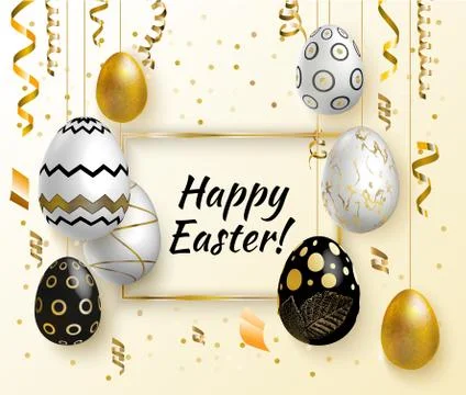 White Gold Easter Eggs on Gold Square. Gold Easter banner. Stock Illustration