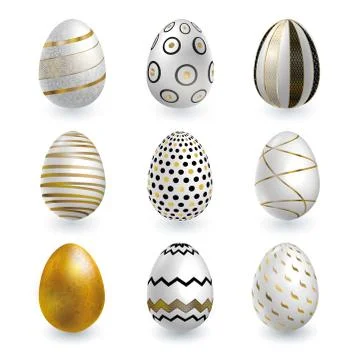 White gold Easter eggs with lace patterns on white background. Vector set for Stock Illustration