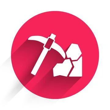White Gold mining icon isolated with long shadow background. Red circle button Stock Illustration