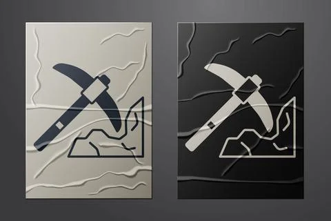 White Gold mining icon isolated on crumpled paper background. Paper art style Stock Illustration
