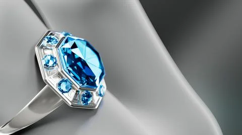White gold or silver ring on finger with blue topaz gemstone, fictitious Stock Illustration