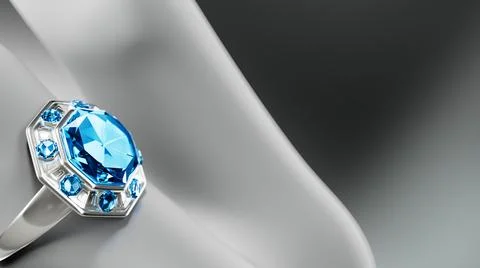 White gold or silver ring on finger with blue topaz gem, fictitious Stock Illustration