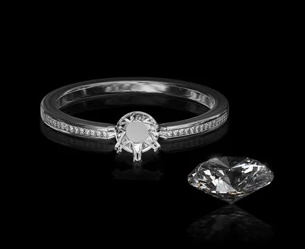 White gold or silver ring without gemstone and round diamond with reflection Stock Photos