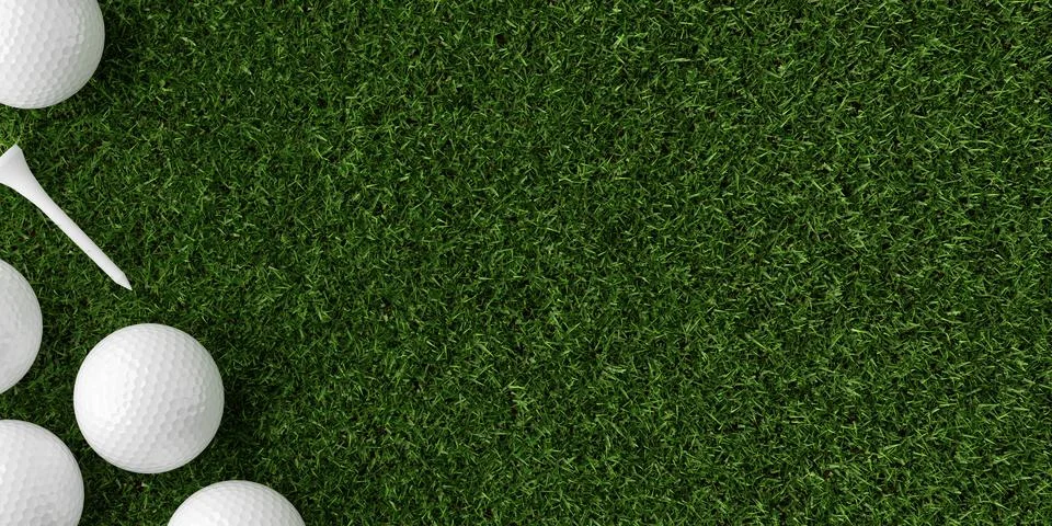 White golf balls with tee over green grass background with copy space top v.. Stock Illustration