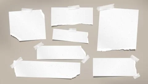 White grainy ripped, torn note, notebook paper strips, stuck with sticky tape on Stock Illustration