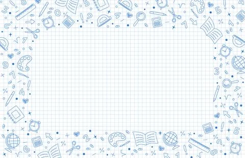 White graph background with frame of blue hand drawn school stationery icons Stock-Illustration