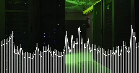 White graph processing data over glowing servers in dark computer server room Stock Footage 329031986