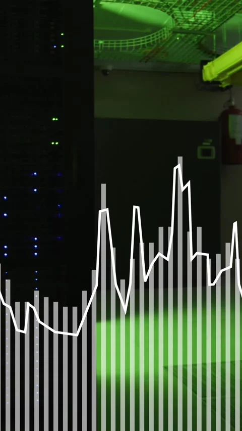 White graph processing data over glowing servers in dark computer server room Stock Footage 344783315
