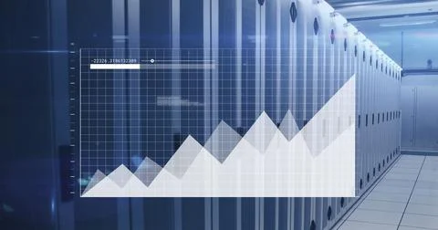 White graph processing data over computer servers in server room Foto stock