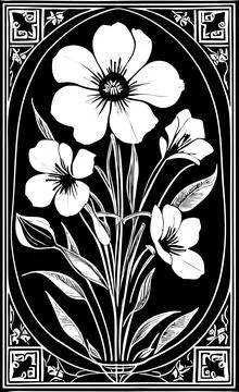 White graphic linear drawing of a branch of flowers on a black background, .. Stock Illustration