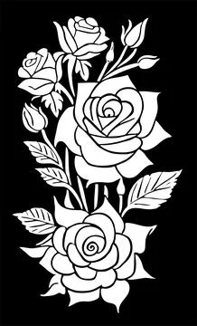 White graphic linear drawing of rose flower on black background, design Stock Illustration