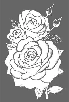 White graphic linear drawing of rose flower on gray background, design Stock Illustration