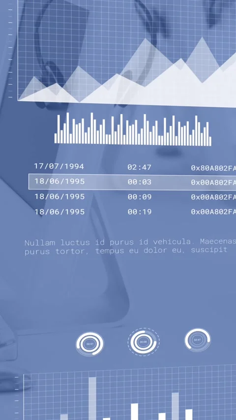 White graphs and charts processing data over computers and phone headsets on Stock Footage 344614265