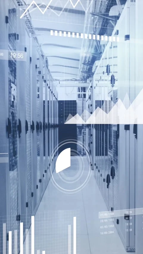 White graphs, charts and data processing over computer server room Stock Footage 344678618