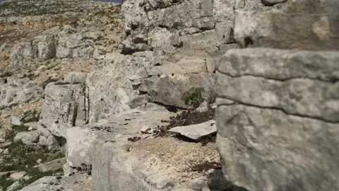 White gray limestone bedrock forms a stepped tectonic landscape - Stone Surface Stock Footage 339402294