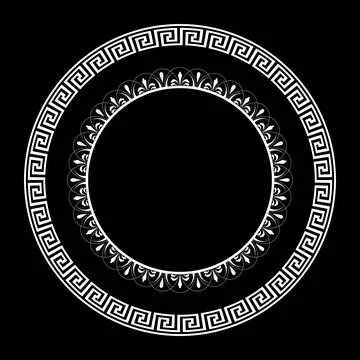 White Greek vector round frame on black background. Oval white porcelain plate  Stock Illustration