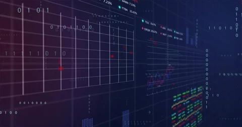 White grid lines snapping to focus guiding sliding binary digits as graphs Stock Footage 309687501