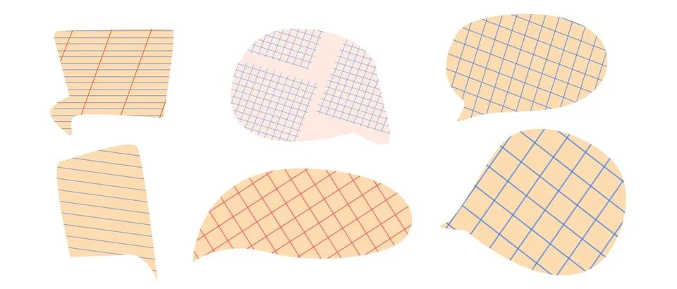 White grid paper speech bubbles with torns set. Stock Illustration