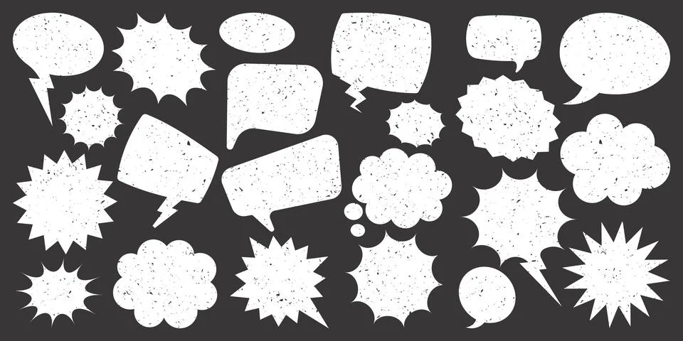 White grunge comic speech bubbles on dark background. Hand drawn retro cartoon Stock Illustration