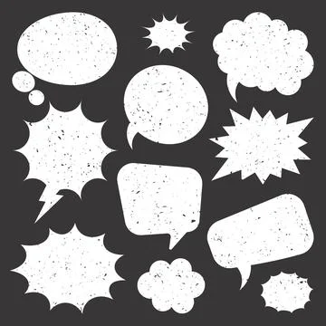 White grunge comic speech bubbles on dark background. Hand drawn retro cartoon Stock Illustration