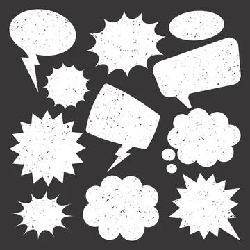 White grunge comic speech bubbles on dark background. Hand drawn retro cartoon Stock Illustration