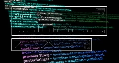 White GUI overlays animating on code, drifting causing count rising and waveform Stock Footage 329869733