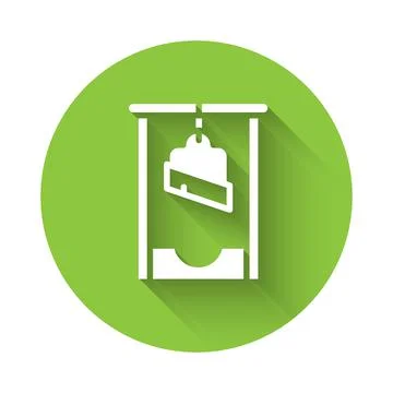 White Guillotine medieval execution icon isolated with long shadow. Green circle Stock Illustration