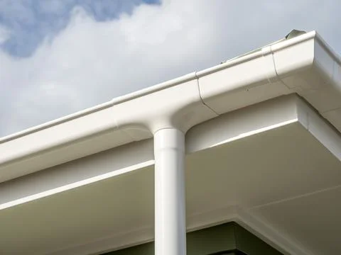 White Gutter and Downspout System on Modern House - Rainwater Drainage Soluti Foto stock