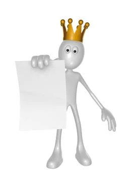 White guy with crown holds blank paper sheet - 3d illustration Illustrazione stock