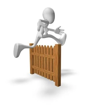 White guy jumps over wooden fence - 3d illustration Stock Illustration