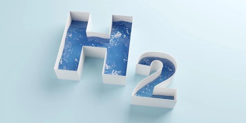 White H2 hydrogen text filled with water on blue background, clean energy, .. Stock Illustration