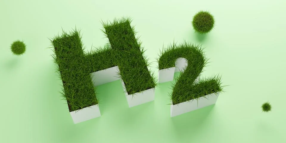 White H2 hydrogen text filled with green grass on green background, clean e.. Stock Illustration