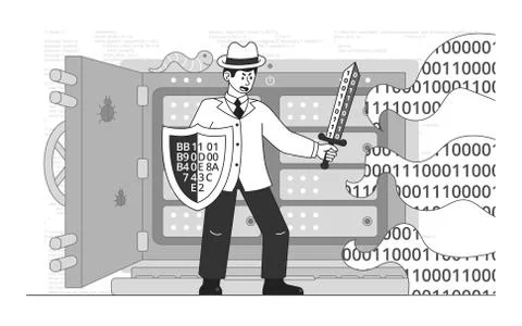 White hacker protects the information system from hacker's attack Stock Illustration