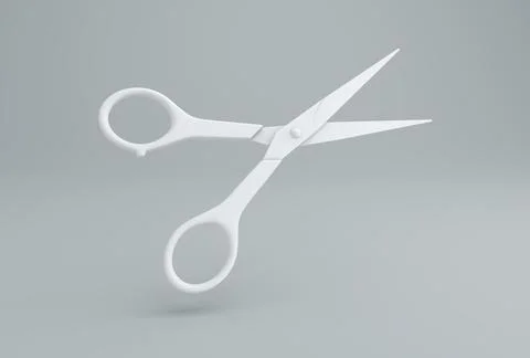 White Hairdressing Scissors on a Gray Studio Background. Monochrome. 3D render. Illustrazione stock