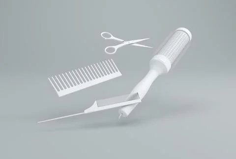White Hairdressing Tools on a Gray Studio Background. 3D render. 스톡 일러스트