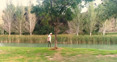 White-haired old man walks riverside in autumn sunset Stock Footage 124384724