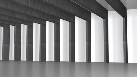 White hall with concrete beams, camera moving along (3d rendering) Stock Footage 84599326